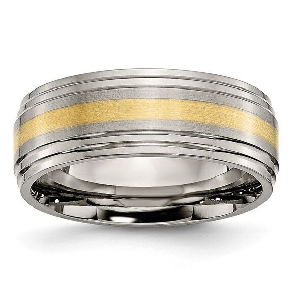 Kazi Luxury Titanium Brushed Center 14k Yellow Gold Inlay 8mm Ridged Edge B&